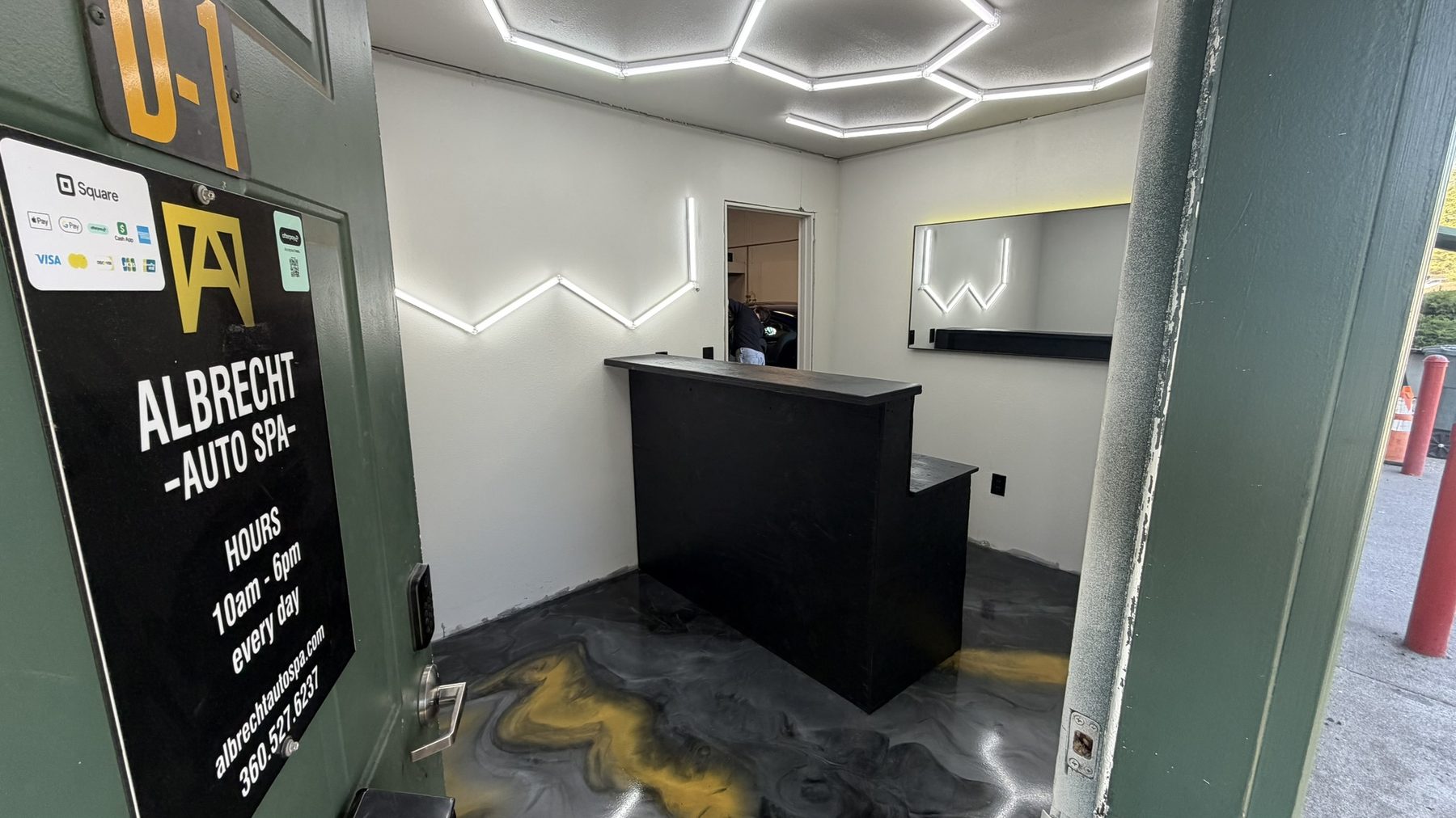 Our install - Albrecht Auto Spa lobby, silver and black metallic