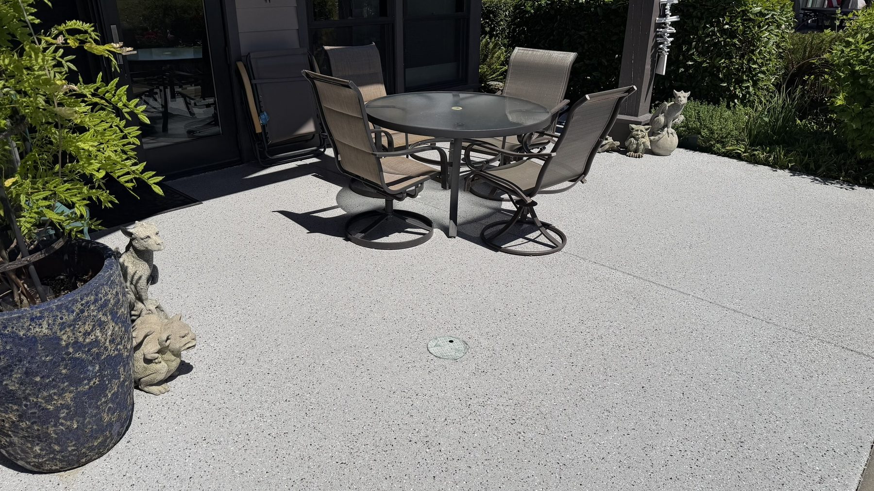 Sunny dining patio, full-broadcast flake